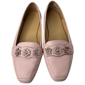 Talbots Pink Leather Loafers Ballet  Flats Floral Vamp Strap 8.5 WIDE Preppy